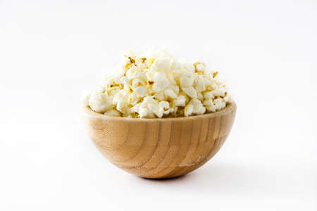 Popcorn in bowl isolated on white backgroundの写真素材