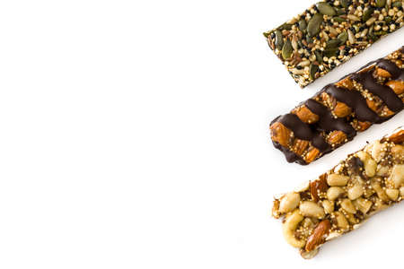 Muesli bars isolated on white background.Top view. Copyspaceの写真素材