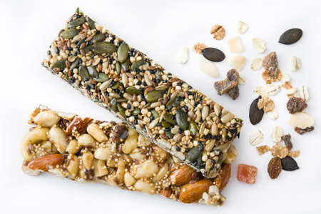 Muesli bars isolated on white background. Top viewの写真素材