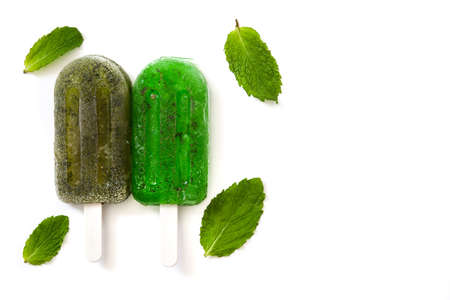 Green frozen ice cream isolated on white background. Top view Copyspace