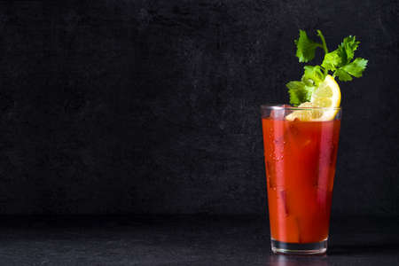 Bloody Mary cocktail in glass on black background. Copyspaceの素材 [FY310101021305]