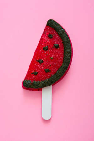 watermelon popsicle on pink background. Top viewの写真素材