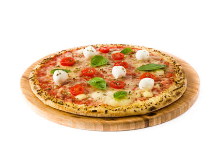 Pizza with tomatoes, cheese and basil isolated on white backgroundの写真素材
