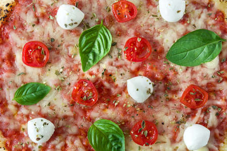 Pizza with tomatoes, cheese and basil. Close upの写真素材