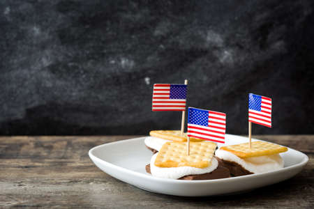 Homemade smores on wooden table background. Copyspaceの写真素材