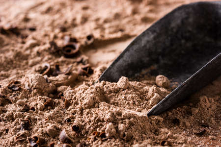 Metal spoon with chocolate powder. Copyspace