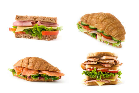 Variety of sandwich and croissant collage on white backgroundの写真素材