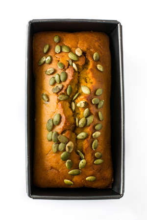 Homemade pumpkin bread isolated on white background. Top viewの写真素材
