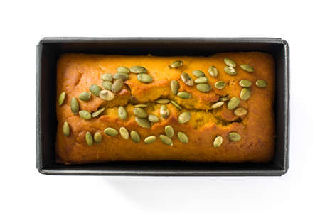 Homemade pumpkin bread isolated on white background. Top viewの写真素材