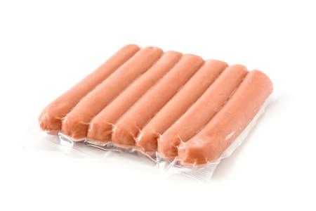Packaged sausages isolated on white backgroundの写真素材