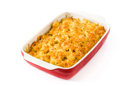 Typical American macaroni and cheese isolated on white backgroundの写真素材
