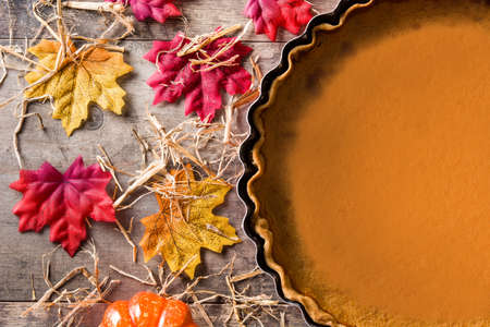 Traditional pumpkin pie for Thanksgiving. Top view. Copyspaceの写真素材