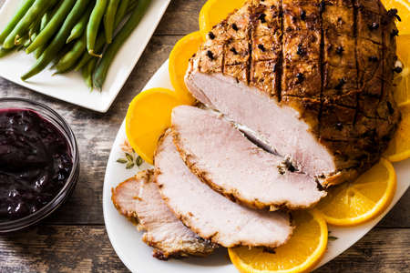 Traditional homemade honey Glazed Ham for holidaysの写真素材