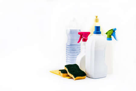 Cleaning products isolated on white background. Copyspaceの写真素材