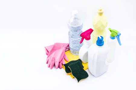 Cleaning products isolated on white background. Copyspaceの写真素材