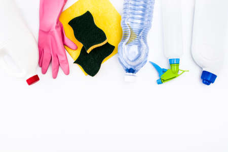Cleaning products isolated on white background. Top view. Copyspaceの写真素材