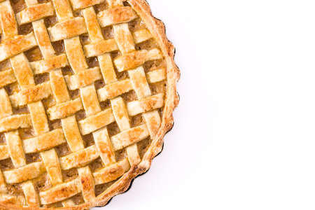 Homemade apple pie isolated on white background. Top view. Copyspace