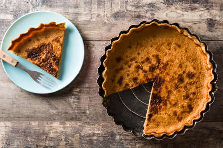 Traditional pumpkin pie for Thanksgiving on wooden table. Top view.