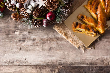 Homemade braid chocolate on wooden table. Top view. Copyspaceの写真素材
