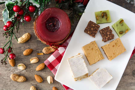Christmas nougat on wooden table. Top view