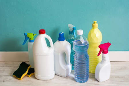 Cleaning items on white floor in the house.の写真素材