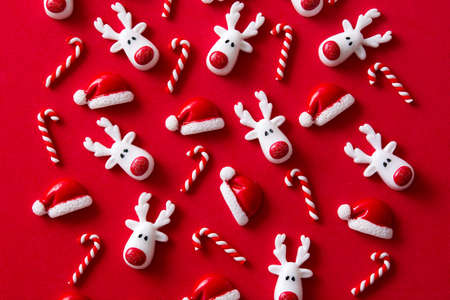 Christmas ornament pattern on red background. Top viewの写真素材