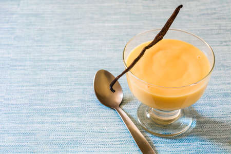Bowl of homemade vanilla custard on blue background. Copyspaceの写真素材