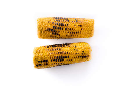 Grilled sweet corn isolated on white background. Top view