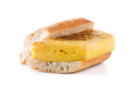 Spanish tortilla sandwich. Spanish potato omelette sandwich isolated on white background.