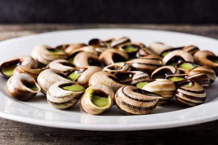 Escargots de Bourgogne. Snails with herbs and garlic butter on a plate. Close upの写真素材