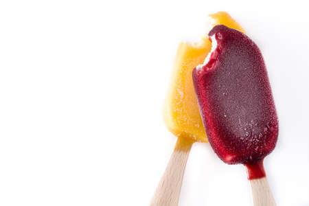 Yellow and red  ice lolly  isolated on white background. Copyspace