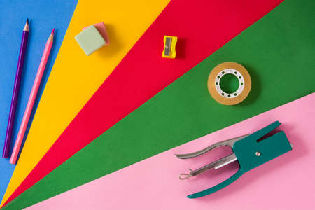 Assorted of school supplies. Back to school concept. Top view. Copyspaceの写真素材