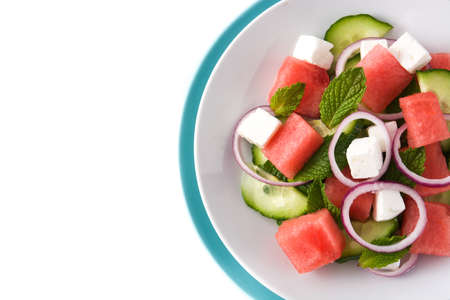 Watermelon salad with feta cheese isolated on white background. Top view. Copyspaceの写真素材