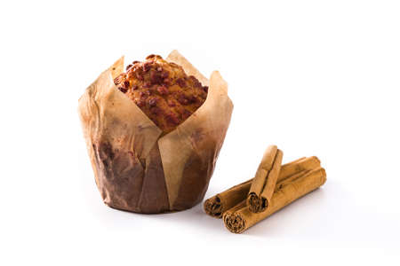 Apples and cinnamon muffins isolated on white backgroundの写真素材