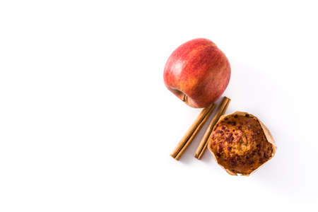 Apples and cinnamon muffins isolated on white background. Top view. Copyspaceの写真素材