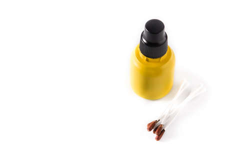 Medical iodine in a bottle and gauzes isolated on white background. Copy space