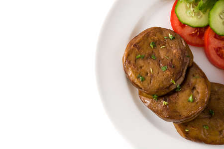Seitan with vegetables isolated on white background. Fake meat. Top view Copy spaceの写真素材