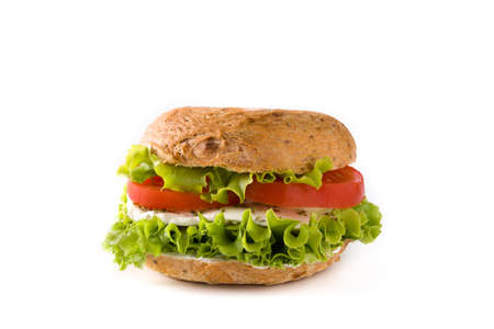 Vegetable bagel sandwich with tomato, lettuce, and mozzarella cheese isolated on white background.