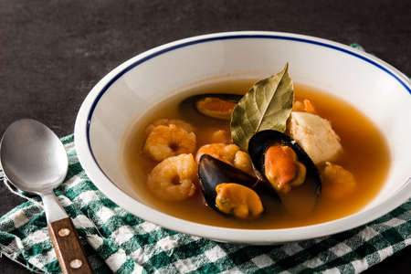 French bouillabaisse soup in white plateの写真素材