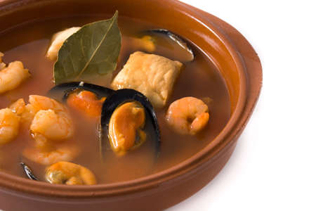 French bouillabaisse soup in bowl isolated on white backgroundの写真素材