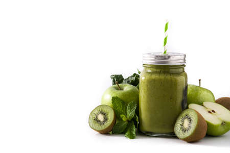 Healthy green smoothie in jar isolated on white backgroundの写真素材