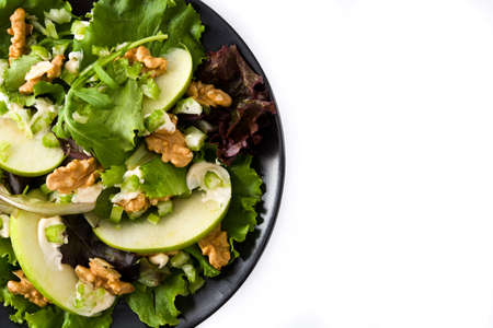 Fresh Waldorf salad with lettuce, green apples, walnuts and celery isolated on white backgroundの写真素材