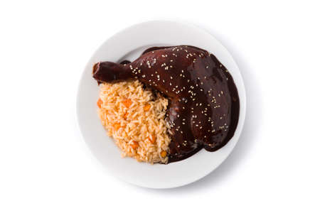Traditional mole Poblano with rice plate close upの写真素材