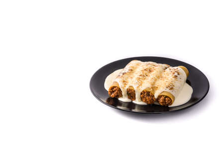 Delicious meat cannelloni pasta isolated on white backgroundの写真素材