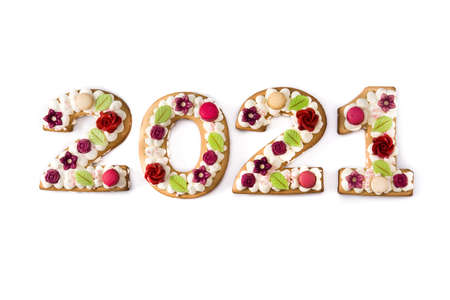2021 cake and ornaments isolated on white background. New year concept.