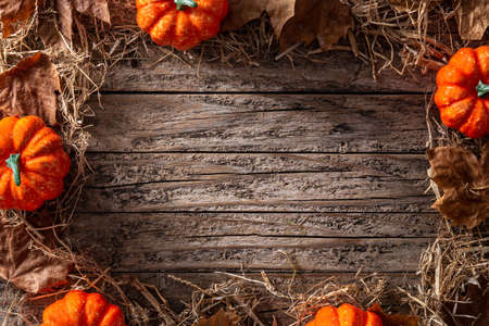 Autumn background with leaves and pumpkins on wooden backgroundの写真素材
