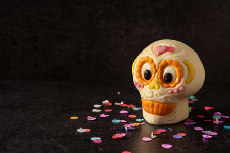 Chocolate Mexican skull on black backgroundの写真素材