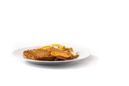 San Jacobo steak filled with cheese and ham isolated on white backgroundの写真素材