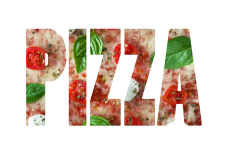 The word pizza composite with pizza photo insideの写真素材