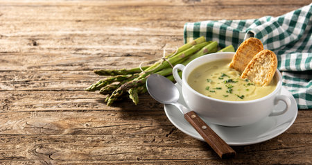 Fresh green asparagus soup in bowl on wooden table.の写真素材